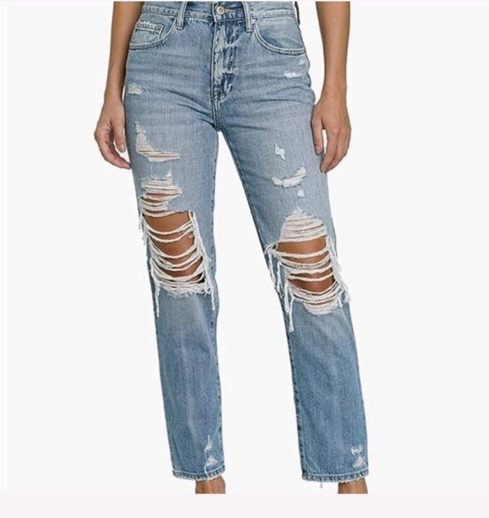 Pistola Women's Presley High Rise Straight Leg Distressed Denim Blue Jeans Sz 29
